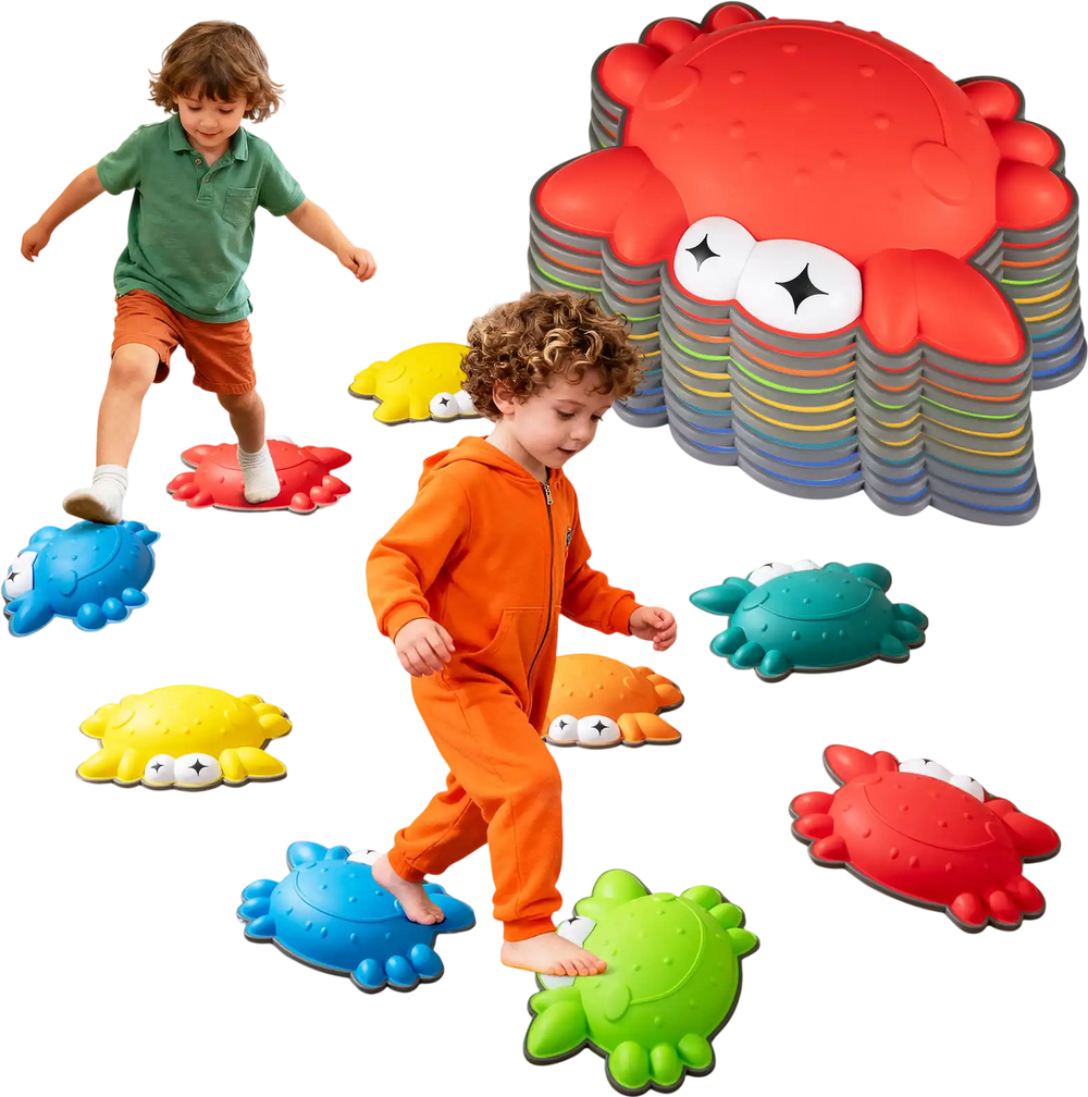 Colorful non-slip toddler stepping stones in crab shapes, promoting balance and motor skills for indoor or outdoor play.