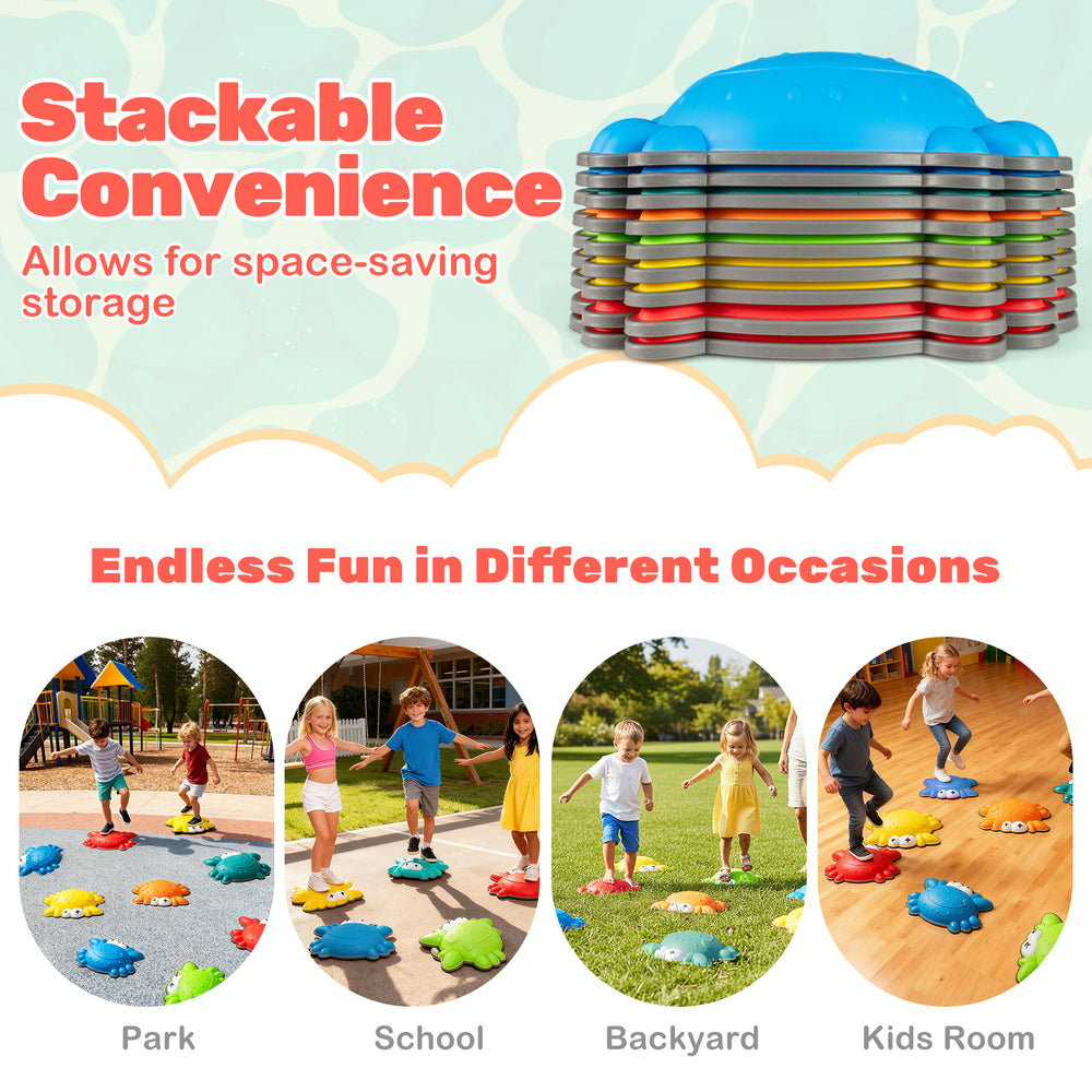 Colorful non-slip toddler stepping stones in a stackable design for safe play and fun in various settings like parks.