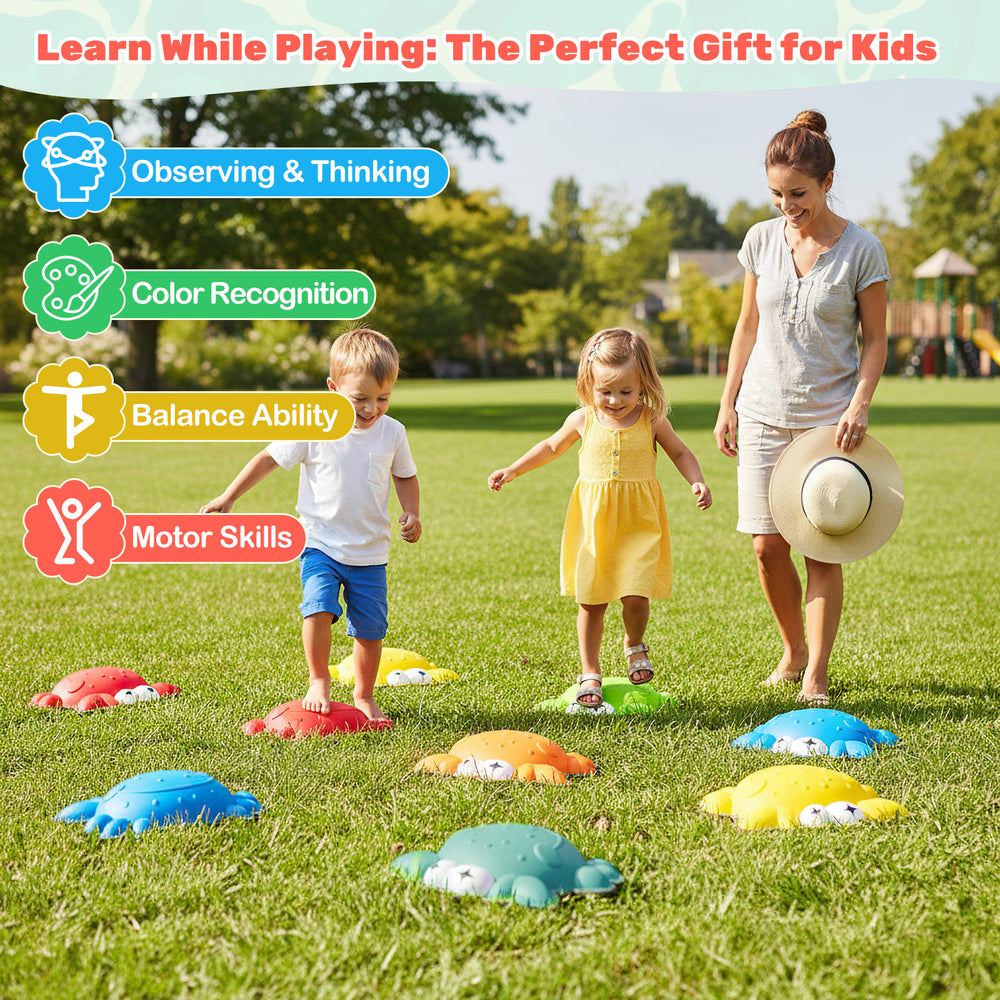 Colorful non-slip toddler stepping stones for kids, enhancing balance and motor skills during outdoor playtime.