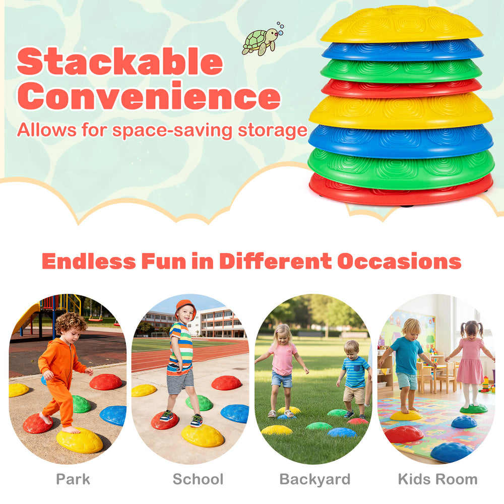 Multicolor non-slip toddler stepping stones, stackable for storage, ideal for motor skills and balance in various.