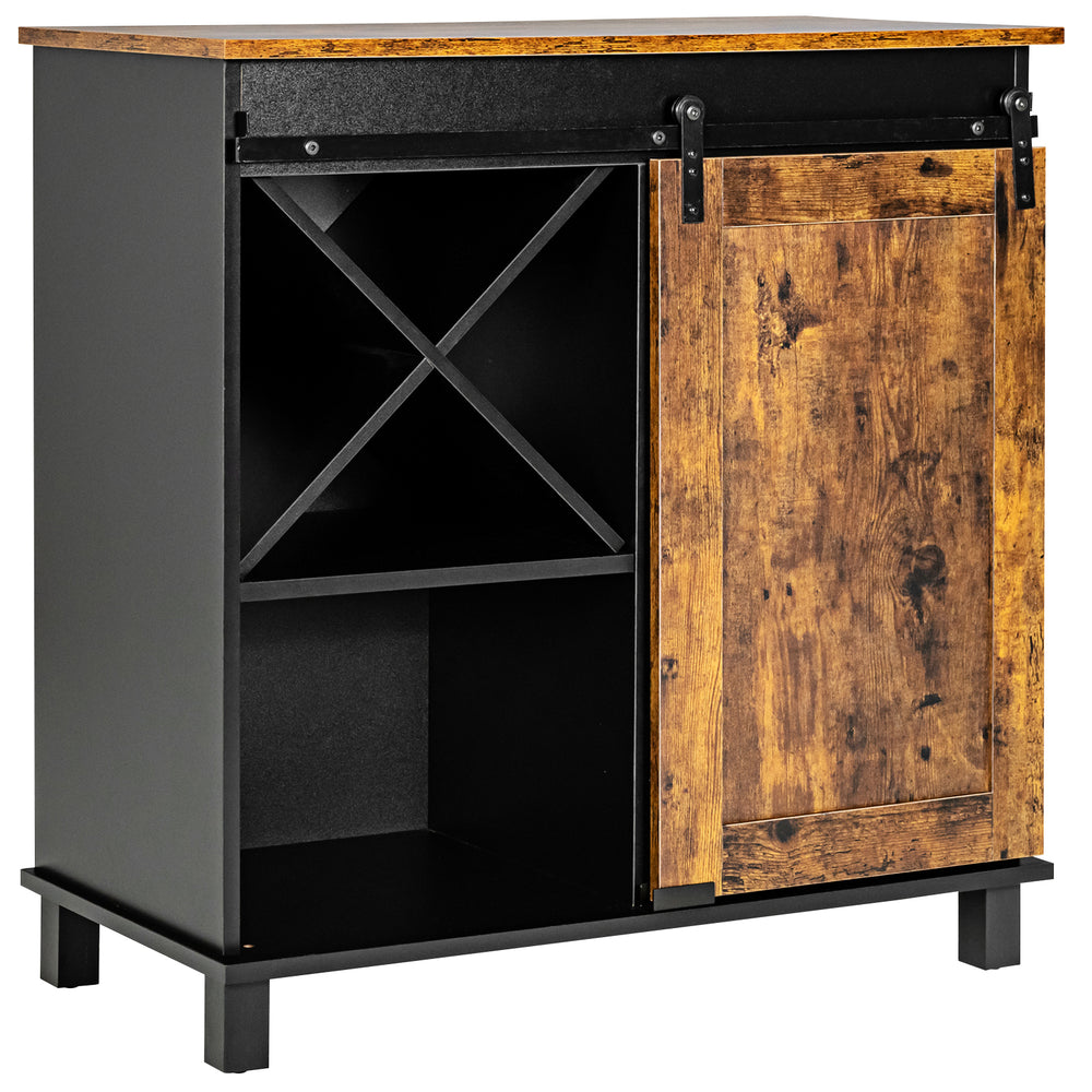 Industrial storage cabinet with rustic brown finish, featuring a sliding barn door, wine rack, and ample storage for.