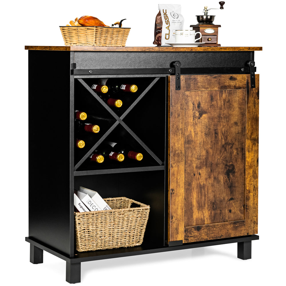 Industrial storage cabinet with rustic brown finish, sliding barn door, wine rack, and ample storage for kitchen or.
