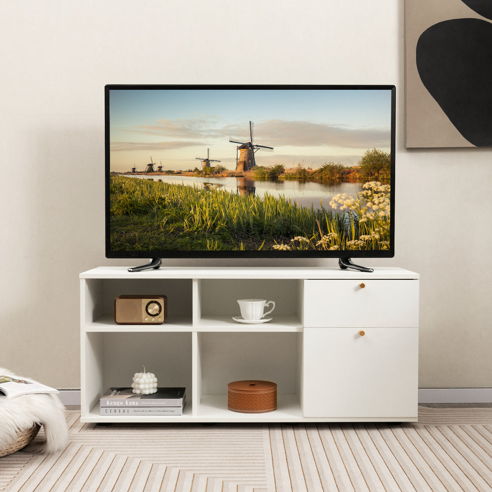 White storage cabinet TV console with 2 drawers and 4 cubes, perfect for living room or entryway organization.