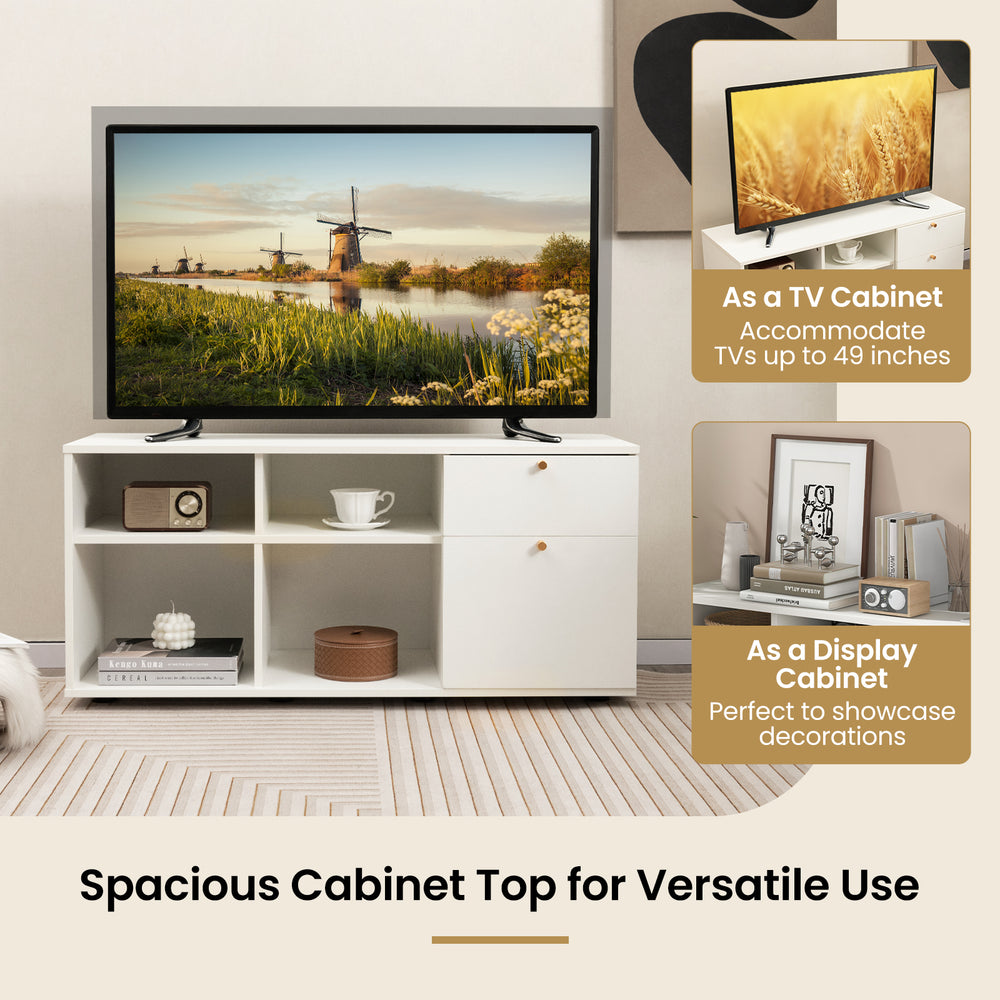 Storage cabinet TV console in white with 2 drawers and 4 cubes, perfect for versatile use in living room or entryway.