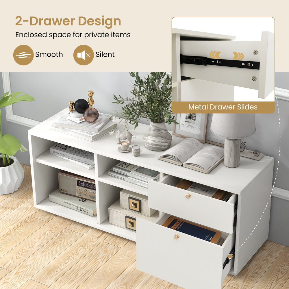 Storage cabinet in white featuring 2 drawers and 4 cubes, ideal for entryway or living room organization.