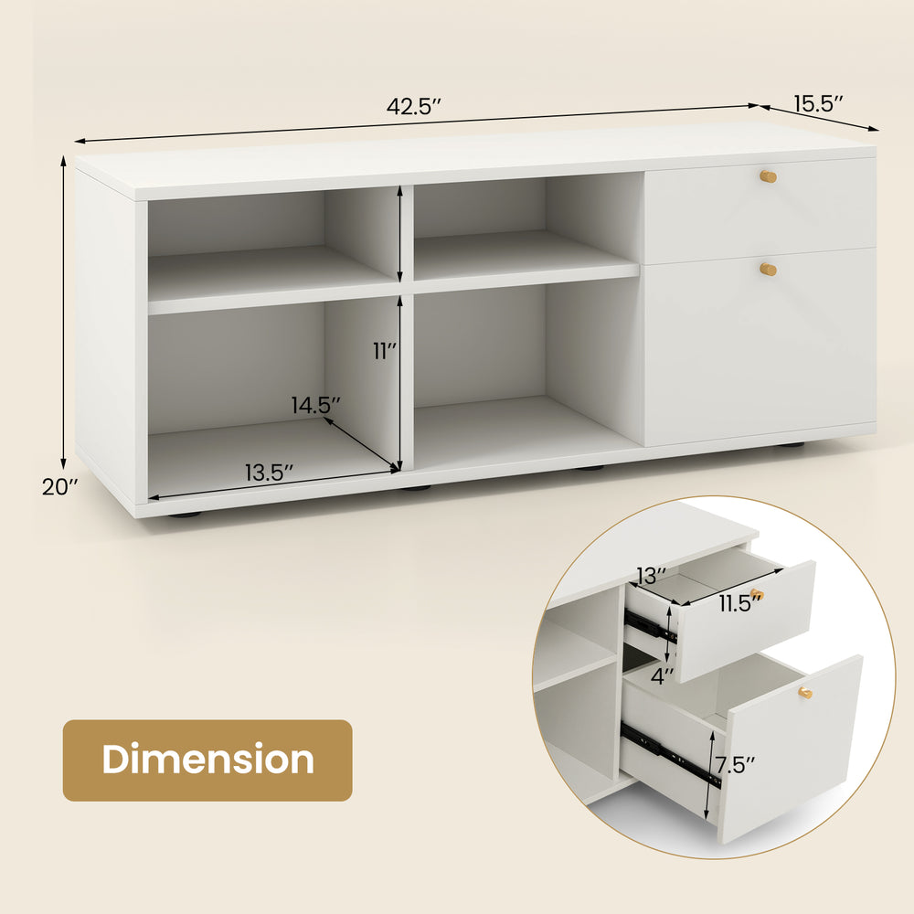 White storage cabinet TV console with 2 drawers and 4 cubes, featuring dimensions for versatile use in entryway or.