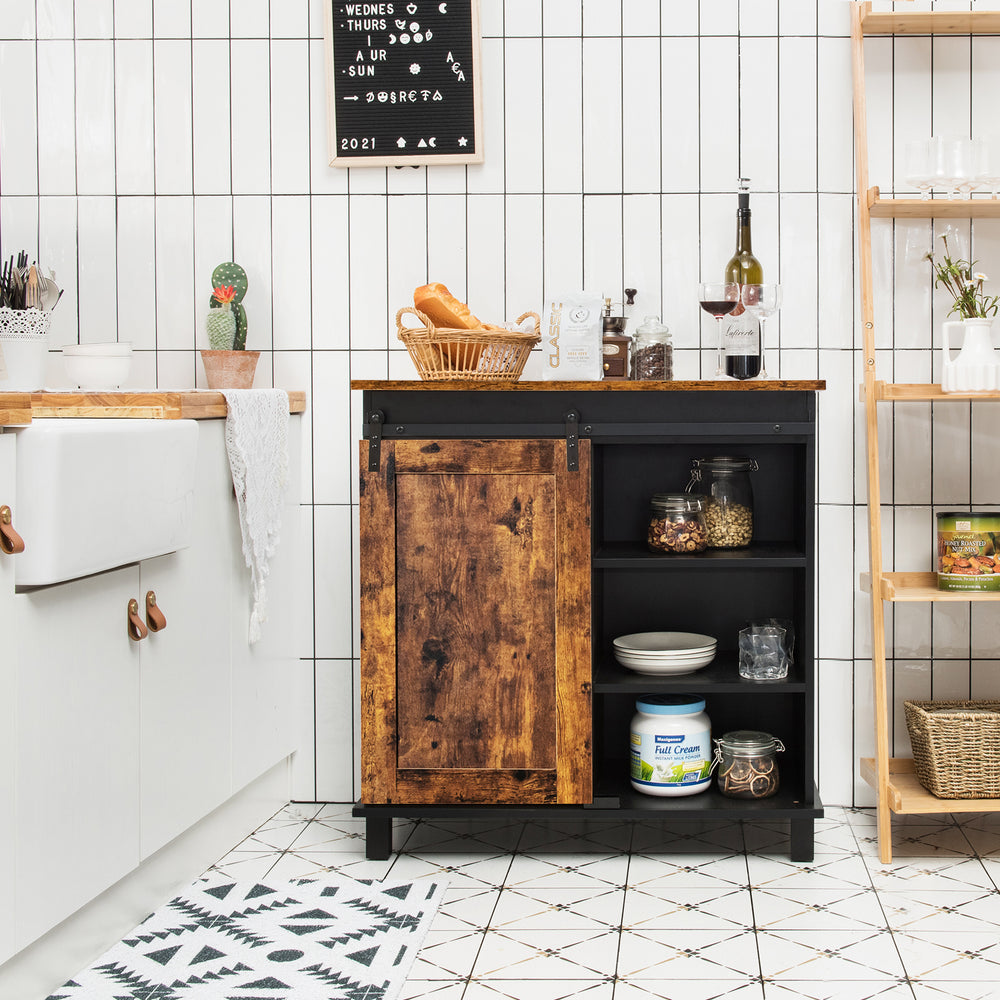Industrial storage cabinet with rustic brown finish, sliding barn door, and 3-tier shelves for versatile kitchen.