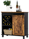 Industrial storage cabinet with rustic brown finish, sliding barn door, and wine rack, perfect for kitchen or dining.