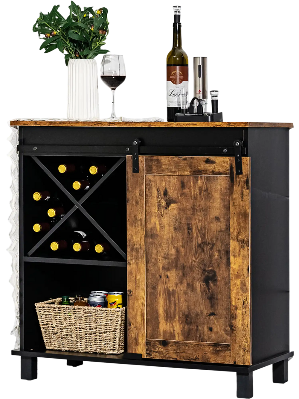 Industrial storage cabinet with rustic brown finish, sliding barn door, and wine rack, perfect for kitchen or dining.