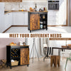 Industrial storage cabinet with sliding barn door in rustic brown, featuring 3-tier shelves and wine bottle organizer.