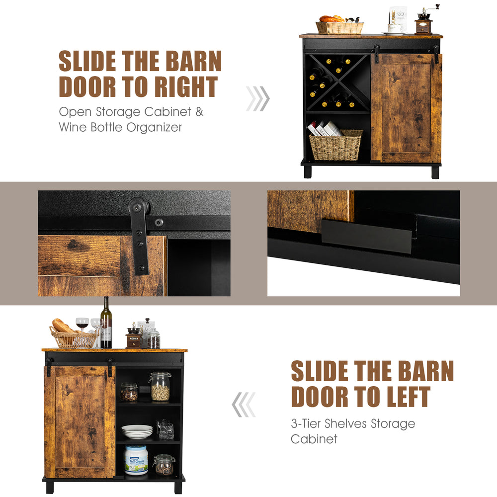 Industrial storage cabinet with sliding barn door in rustic brown, featuring wine bottle organizer and 3-tier shelves.
