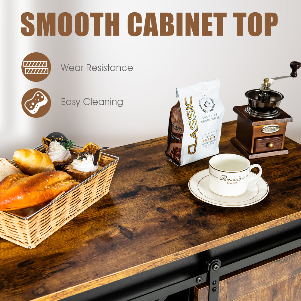Rustic brown industrial storage cabinet top with coffee setup, featuring wear-resistant surface and easy cleaning.