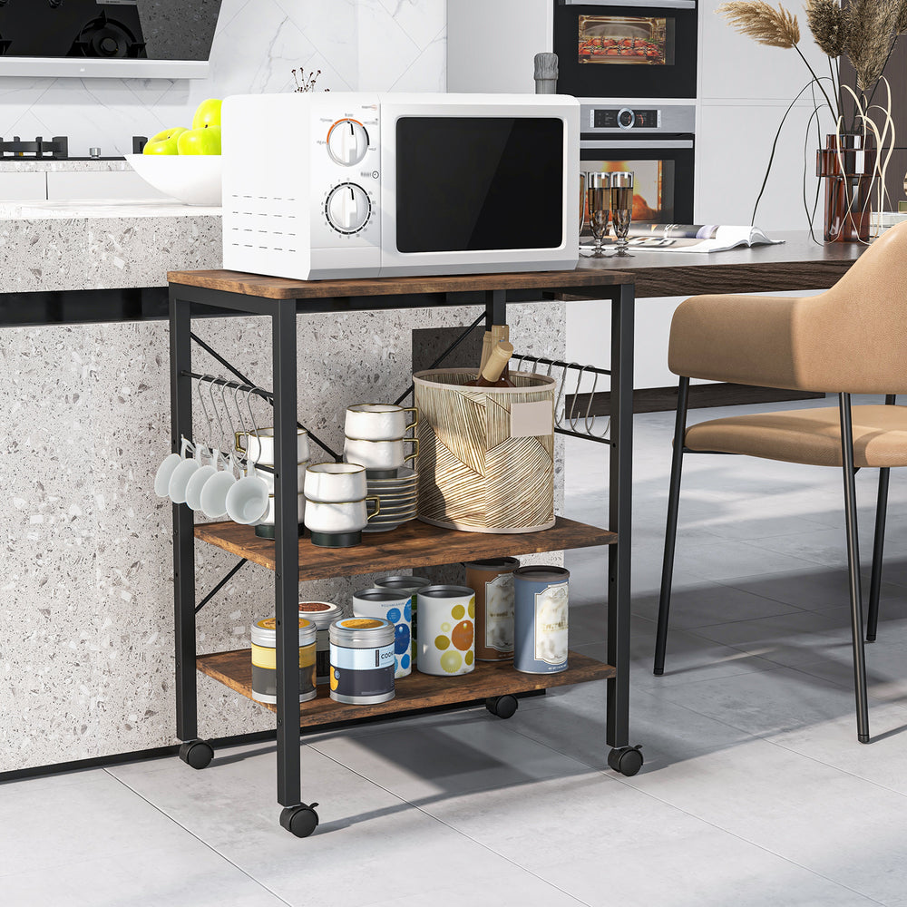 3-tier kitchen baker's rack in rustic brown with microwave, storage baskets, and hooks for convenient organization.