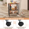 3-tier kitchen storage cart in rustic brown with hooks and 4 universal wheels for easy mobility and organization.