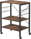3-tier kitchen baker's rack in rustic brown with hooks and wheels for versatile storage and easy mobility.