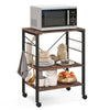 3-tier kitchen baker's rack in rustic brown with microwave, storage shelves, and side hooks for cooking tools.