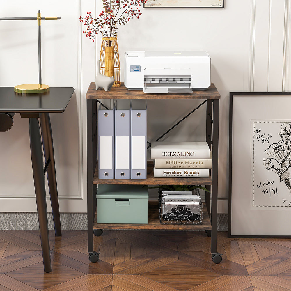 3-tier rustic brown kitchen baker's rack with adjustable shelves and hooks, ideal for organizing kitchen tools and.