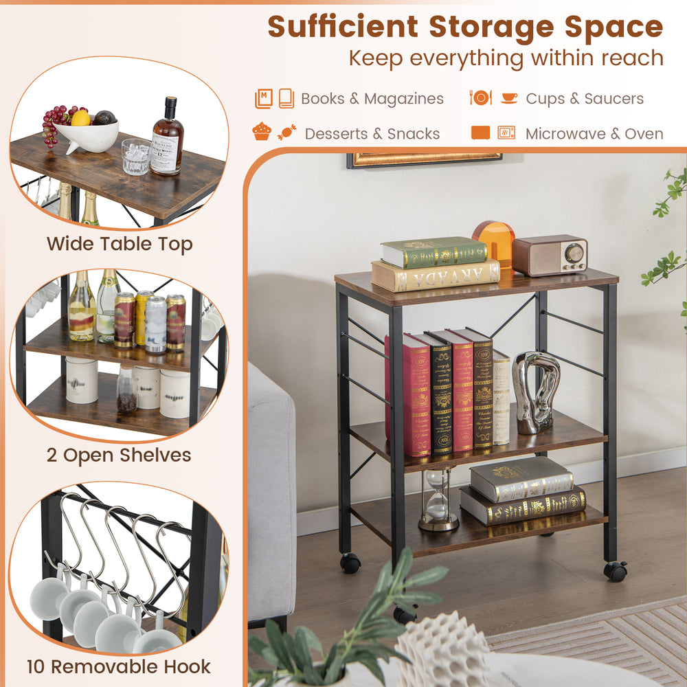 3-tier kitchen baker's rack in rustic brown with adjustable shelves and 10 hooks, ideal for storage and organization.