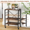 3-tier kitchen baker's rack in rustic brown with adjustable shelves, hooks, and wheels for versatile storage and.