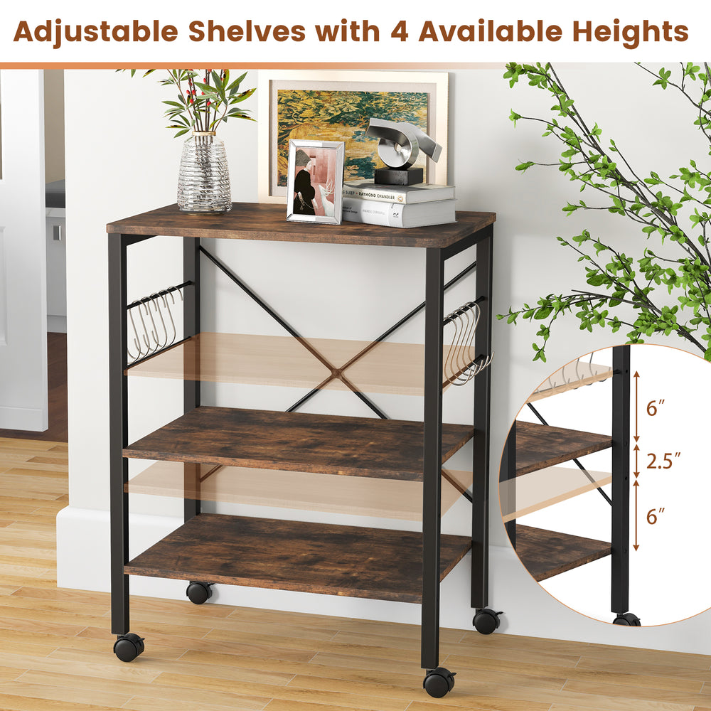 3-tier kitchen baker's rack in rustic brown with adjustable shelves, hooks, and wheels for versatile storage and.