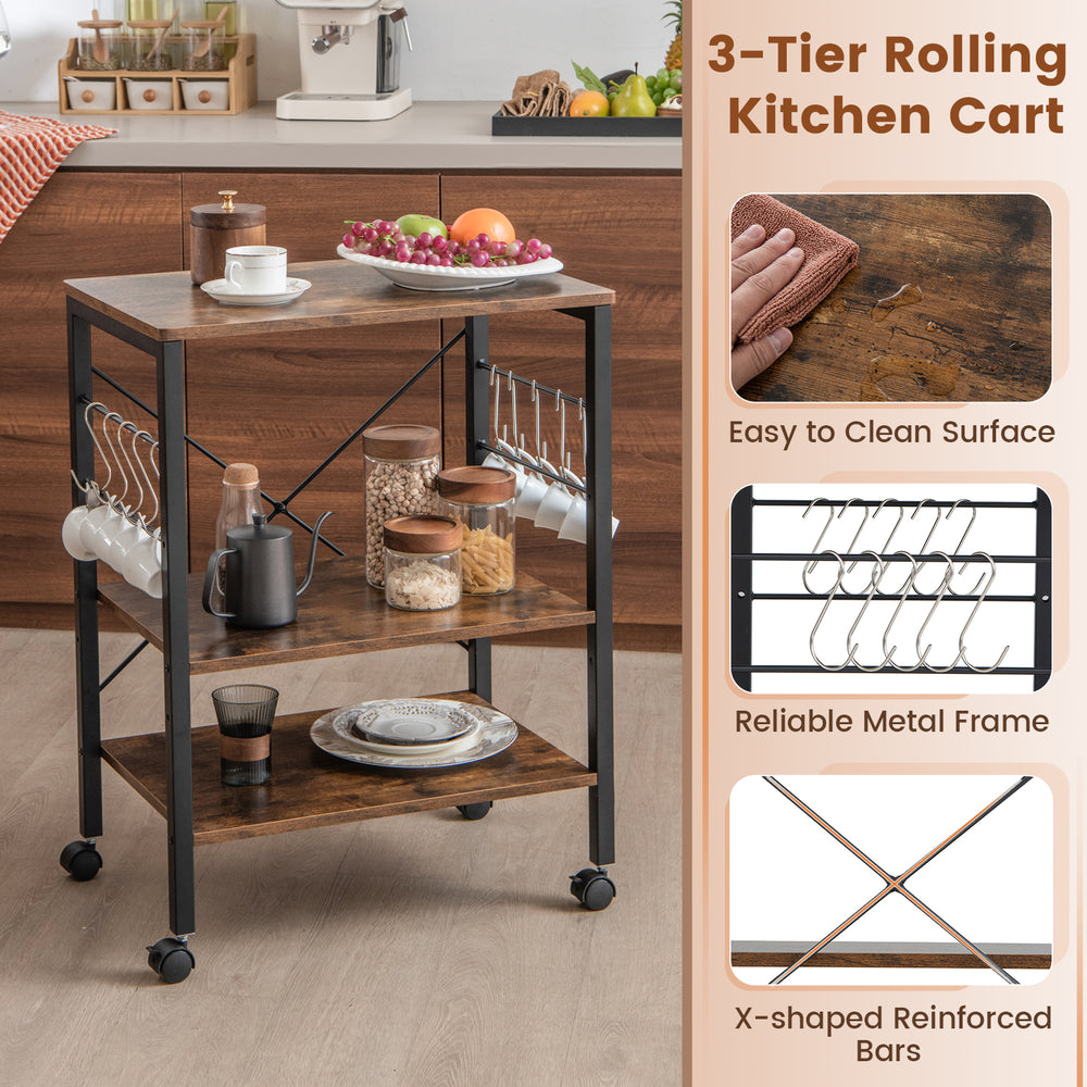 3-tier rustic brown kitchen cart with metal frame, side hooks, and wheels for easy mobility and versatile storage.
