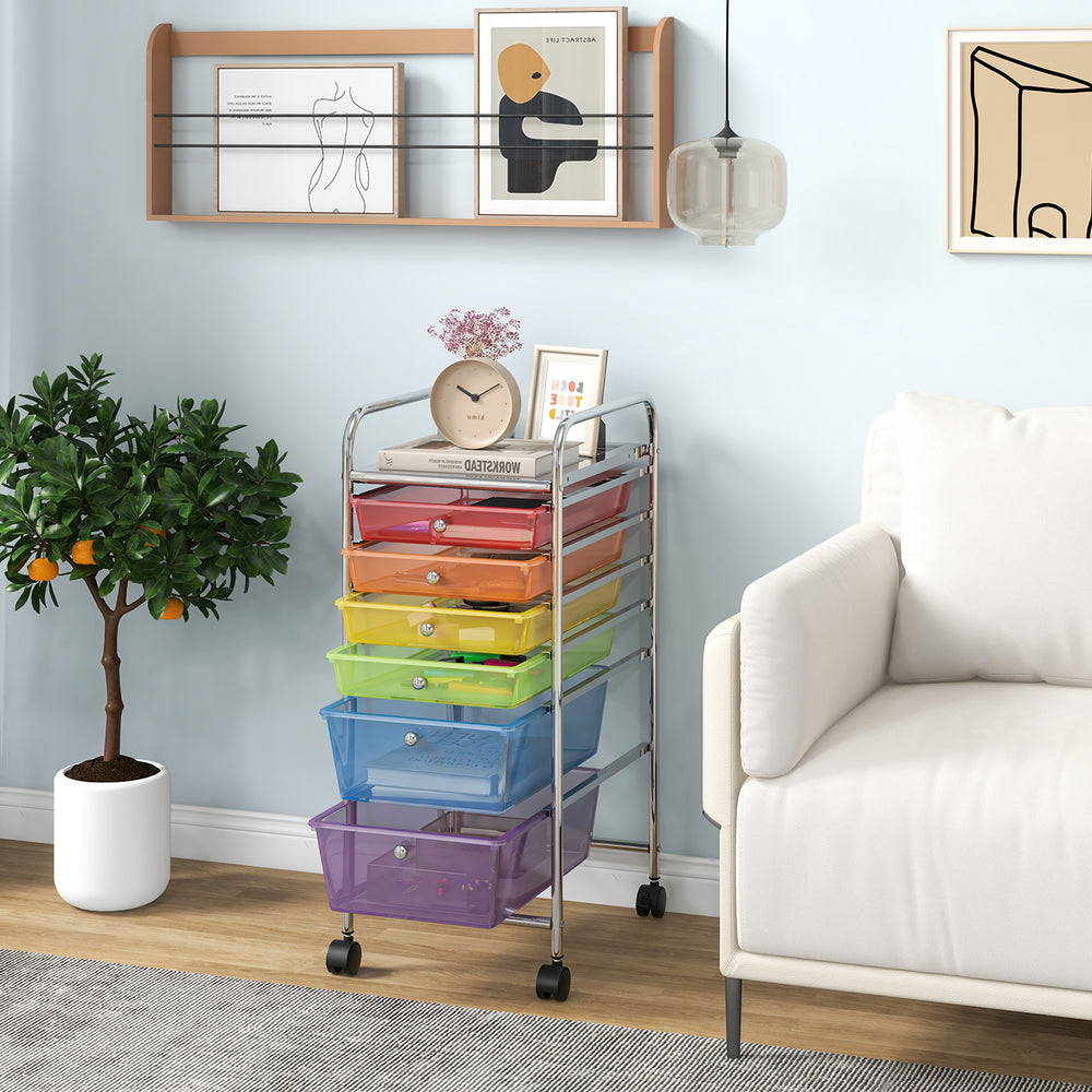 Rolling storage cart with 6 transparent multicolor drawers on a metal frame, ideal for home, office, or classroom.