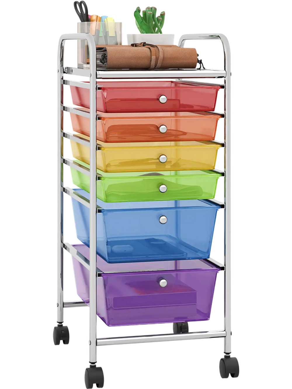 Rolling storage cart with 6 transparent multicolor drawers and sturdy metal frame, ideal for organizing office or home.