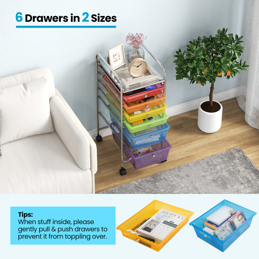 Rolling storage cart with 6 transparent multicolor drawers, ideal for organizing office supplies and home items.