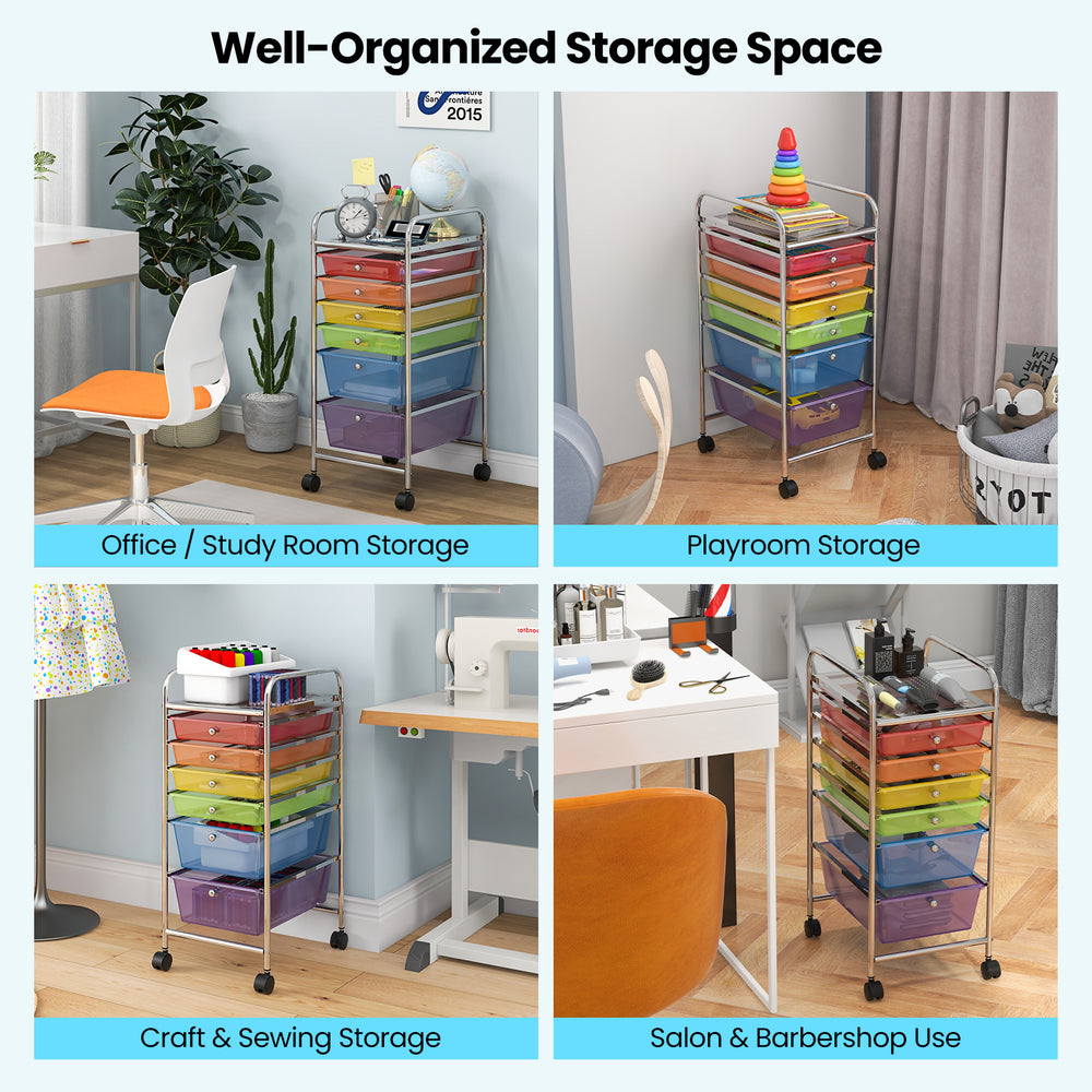 6-drawer rolling storage cart with transparent multicolor drawers, ideal for office, playroom, or craft organization.