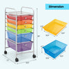 Rolling storage cart with 6 transparent multicolor drawers, ideal for organizing office or home supplies on wheels.
