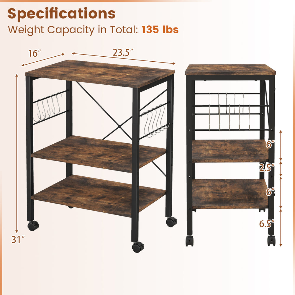 3-tier kitchen baker's rack in rustic brown with adjustable shelves and hooks, ideal for storage and easy mobility.