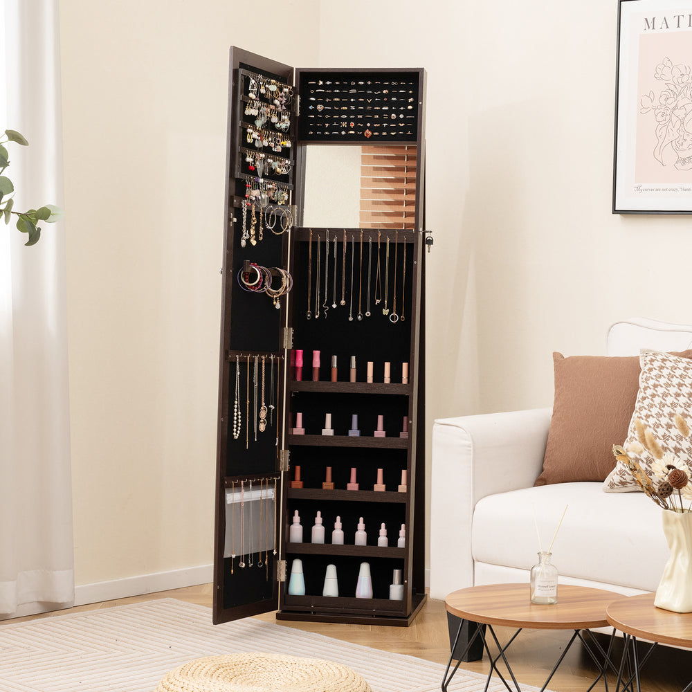 Standing Lockable Jewelry Storage Organizer with Full-Length Mirror-Coffee - Gallery View 1 of 10