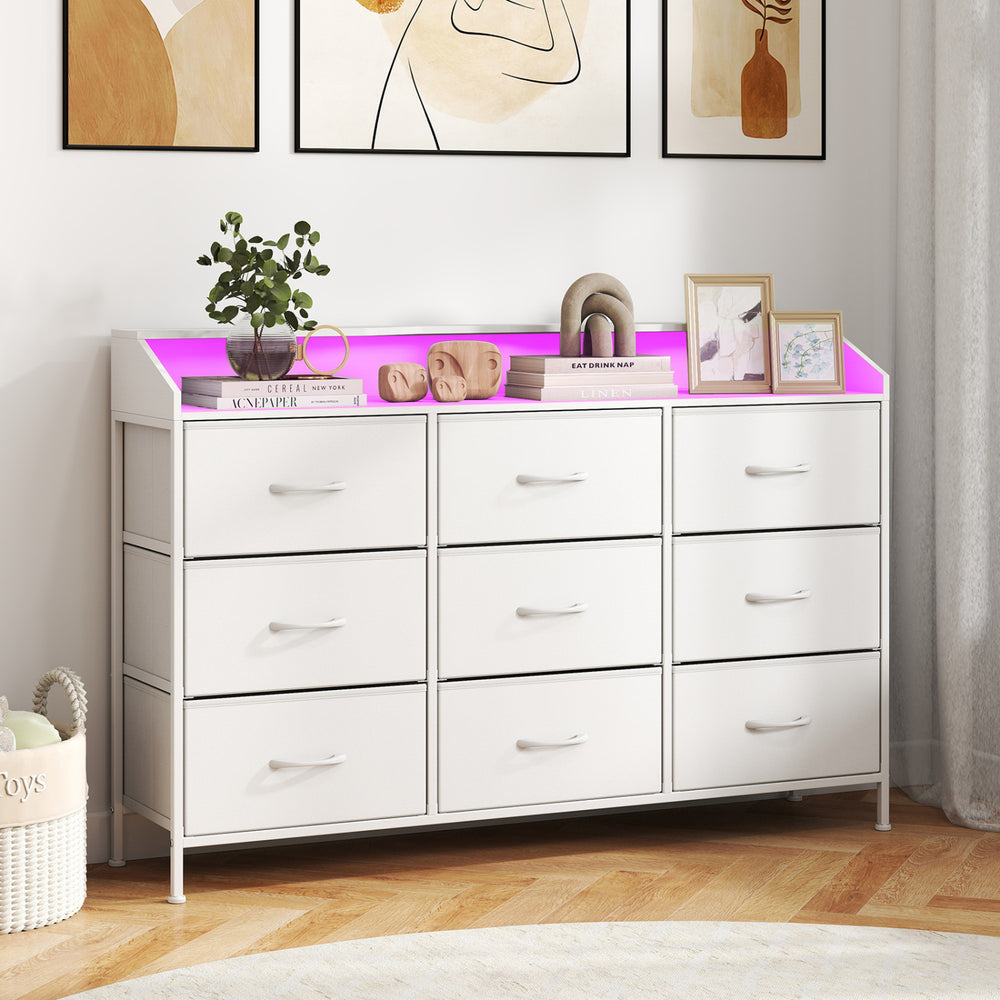 Storage organizer in white with LED lights and 9 fabric drawers, ideal for bedroom storage and decor.