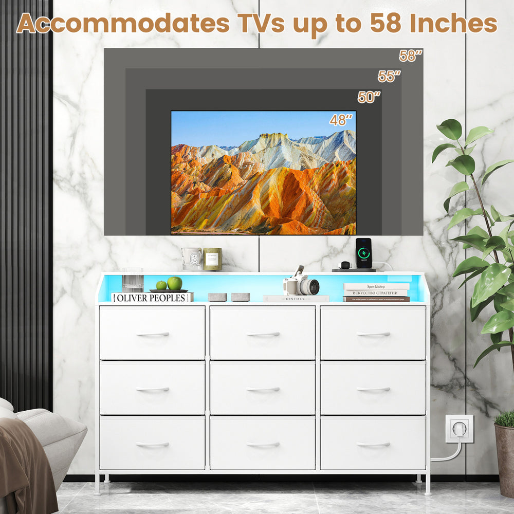Storage organizer in white with 9 fabric drawers and LED lights, designed to accommodate TVs up to 58 inches.