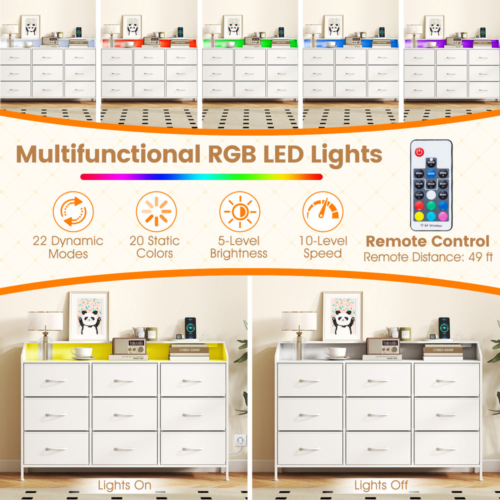 Storage organizer in white with 9 fabric drawers and RGB LED lights, featuring remote control for dynamic lighting.