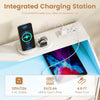 Storage organizer with LED lights, 9 fabric drawers, and integrated charging station for convenient device charging.