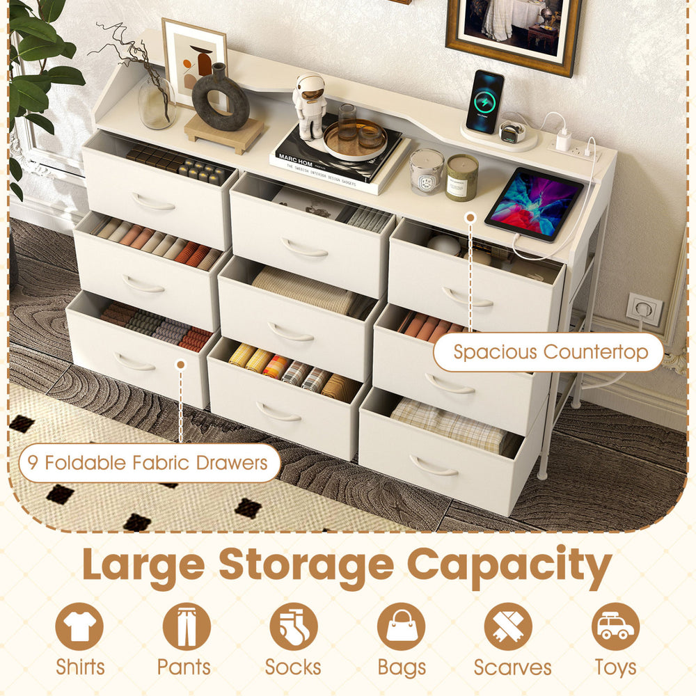 Storage organizer in white featuring 9 fabric drawers and a spacious countertop, ideal for bedroom storage solutions.