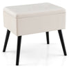 Beige velvet storage ottoman with solid wood legs, featuring a hinged lid for convenient access and multifunctional use.