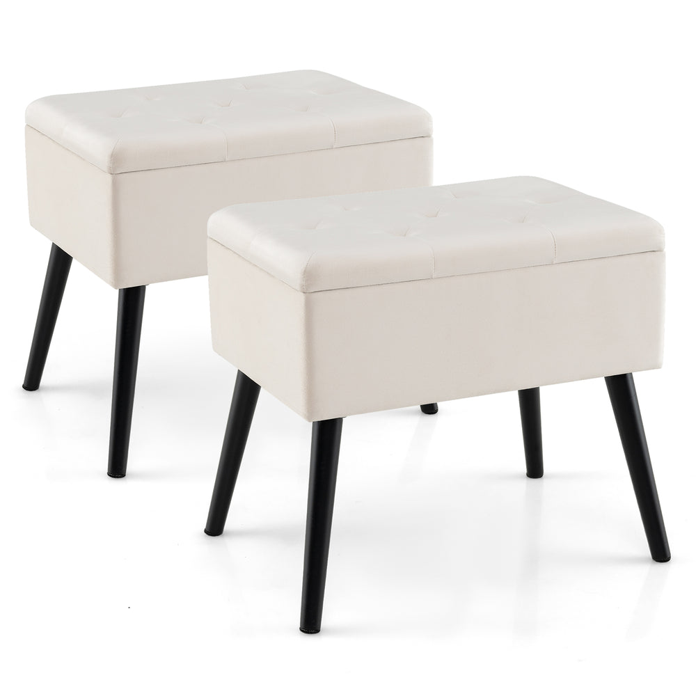 Beige velvet storage ottomans with solid wood legs, featuring a hinged lid for easy access and multifunctional use.