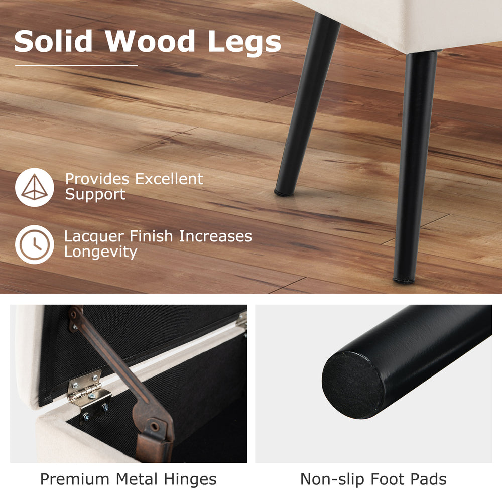 Close-up of the velvet storage ottoman's solid wood legs and premium metal hinges, ideal for living room or bedroom use.