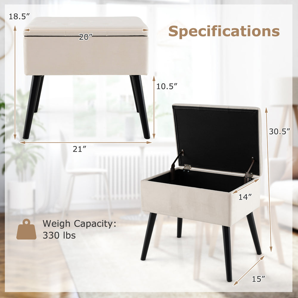 Beige velvet storage ottoman with solid wood legs, featuring a hinged lid and spacious interior for versatile use.