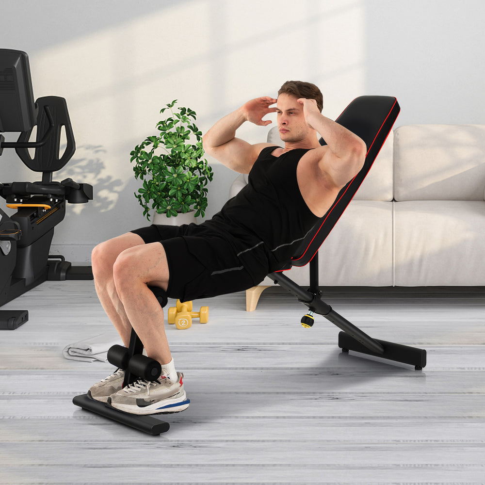 Adjustable weight bench in use for strength training, featuring 8 back positions and sturdy metal frame for full body.
