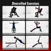 Adjustable weight bench shown in use for dumbbell bicep curl, featuring sturdy metal frame and cushioned support for.