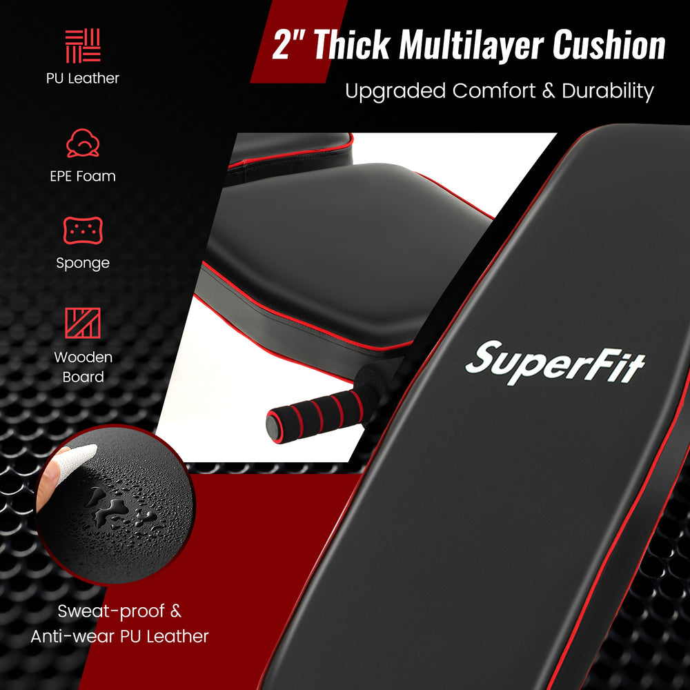 Adjustable weight bench with 2" thick multilayer cushion, PU leather cover, designed for full body workouts and comfort.