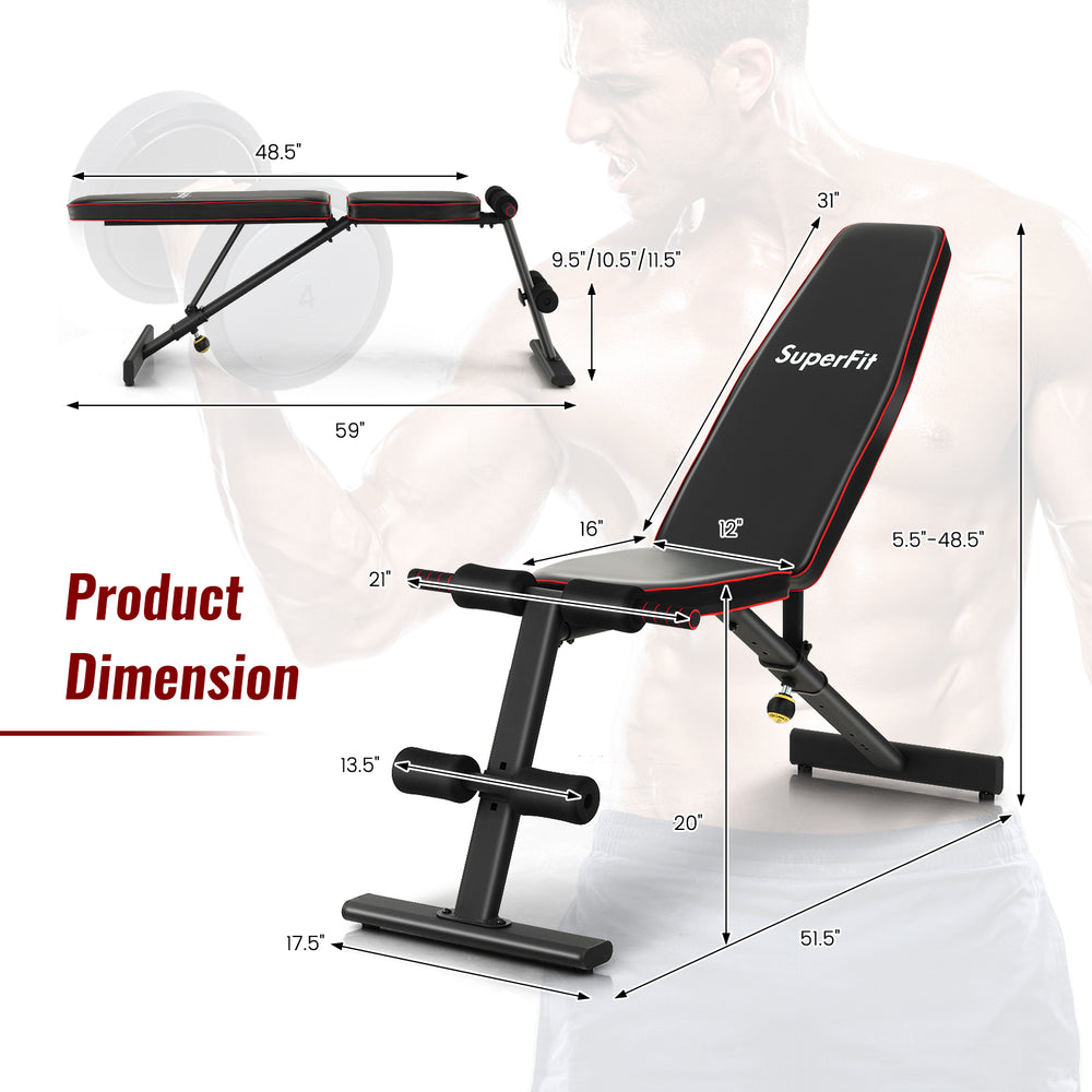 Adjustable weight bench with 8 back positions, solid metal frame, and soft cushions for full body workouts.