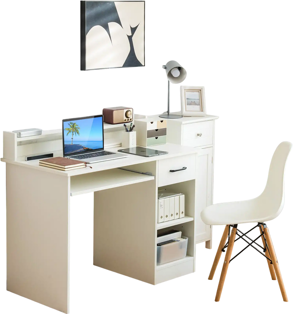 White study laptop table showcasing the spacious 41.5” x 22” desktop and practical storage options for a tidy workspace.