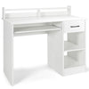 White study laptop table featuring a pull-out keyboard tray, deep drawer, and adjustable shelf for versatile storage.