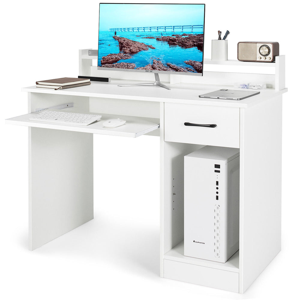 Study laptop table in white with pull-out keyboard tray, deep drawer, and adjustable shelf for versatile storage.