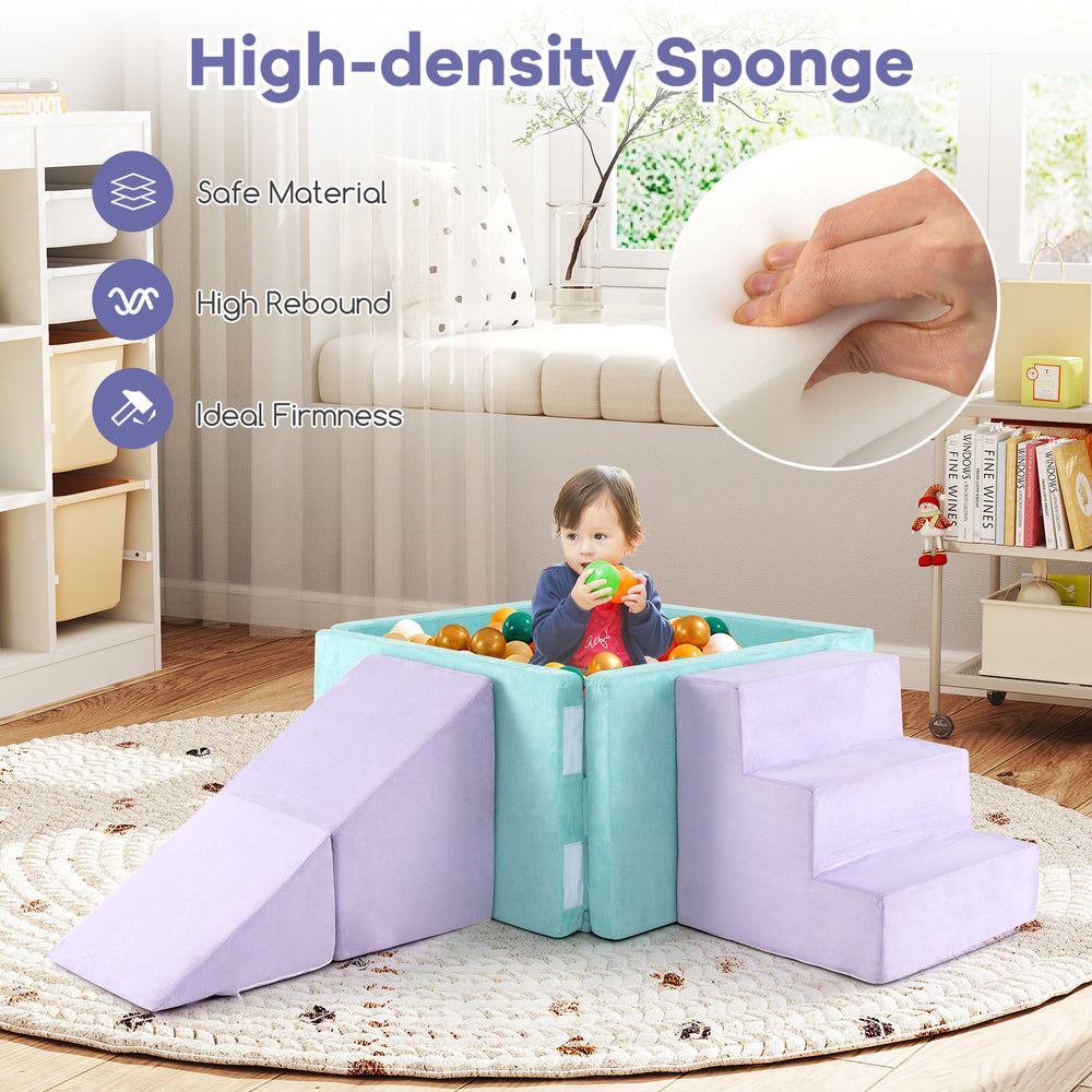 Soft play set featuring purple suede foam climbing blocks, ramp, and staircase for toddlers' imaginative play.