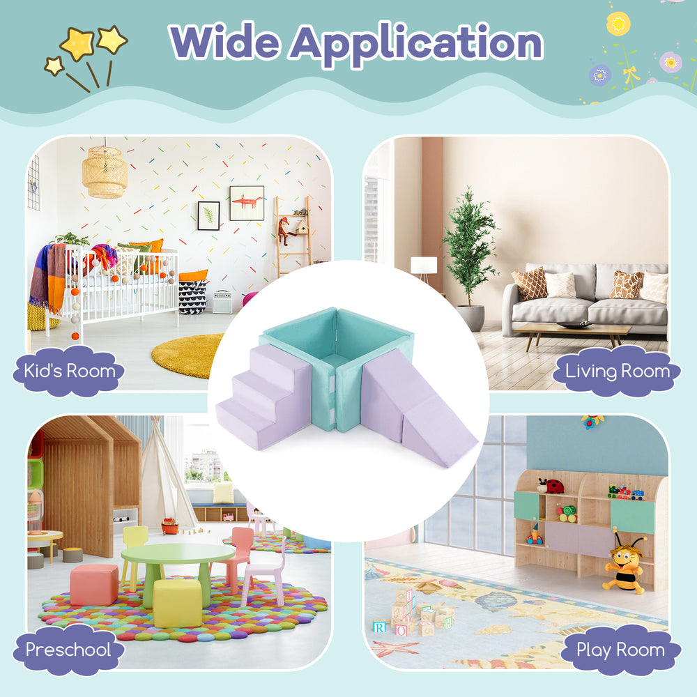 Purple 3-in-1 suede fabric soft play set with climbing blocks, ideal for toddlers in playrooms and nurseries.